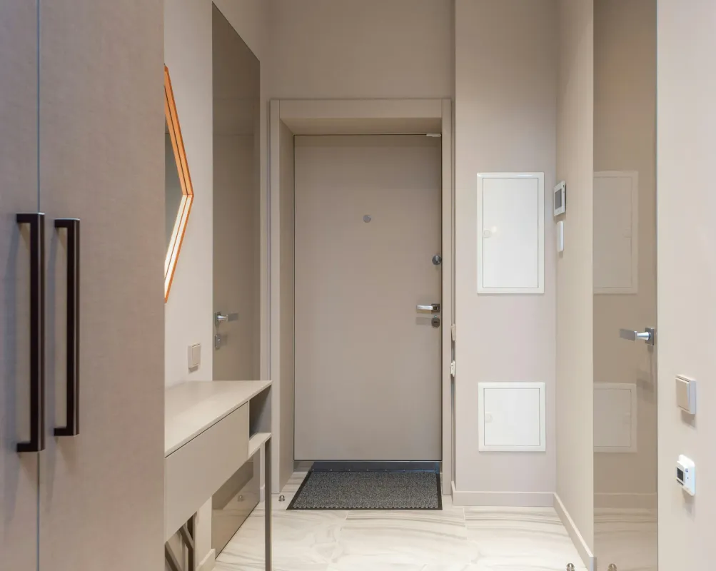 Modern minimalist hallway with a grey door and white interior walls