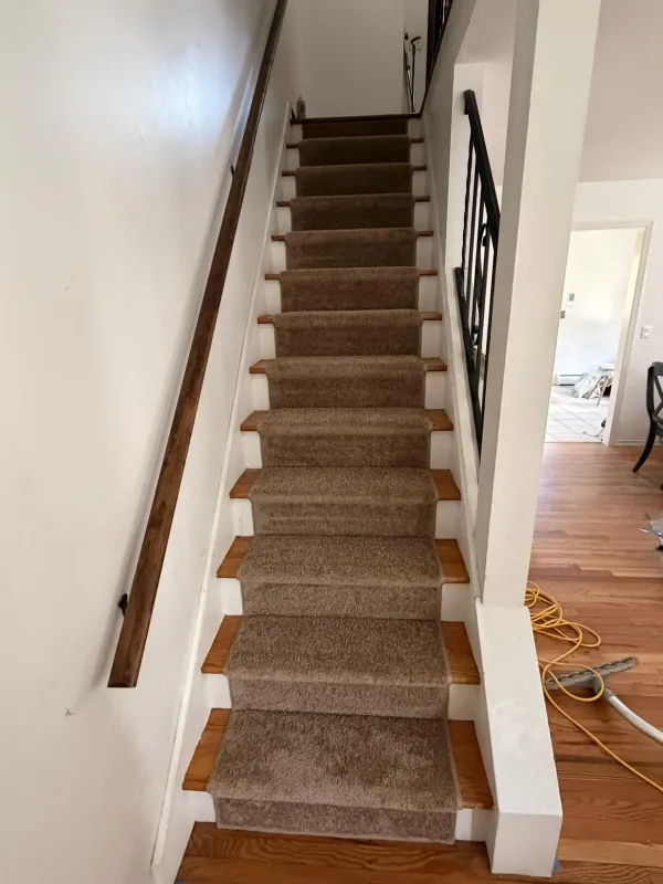 Indoor wooden staircase with brown carpet runners and white walls